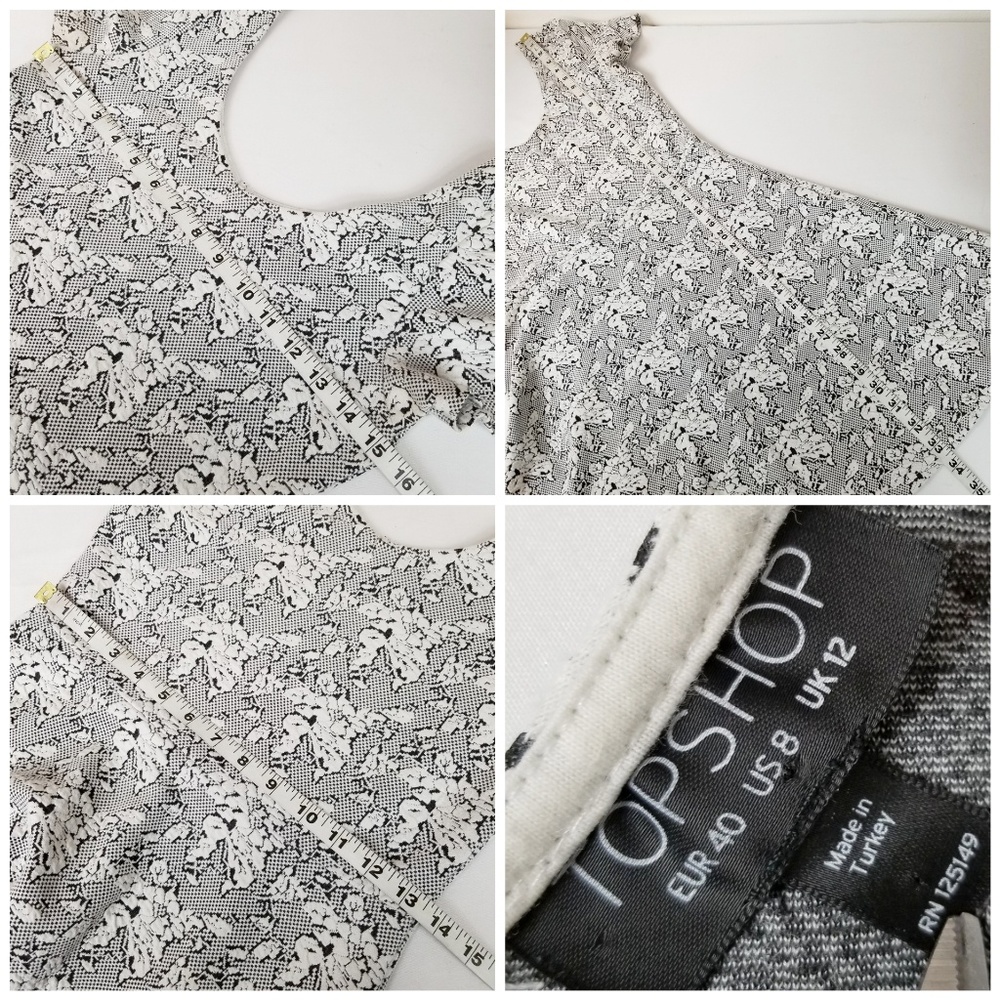 Topshop Black White Floral Print Skater Dress Sz 8 - Picture 5 of 5